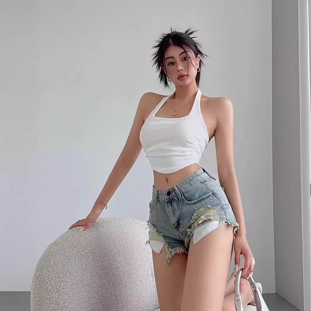 Low Waisted Women's Shorts Spicy Girl With Ripped Denim Shorts Summer Style Slimming Look Exposed Pockets A-line Tassel Fringed Hot Pant
