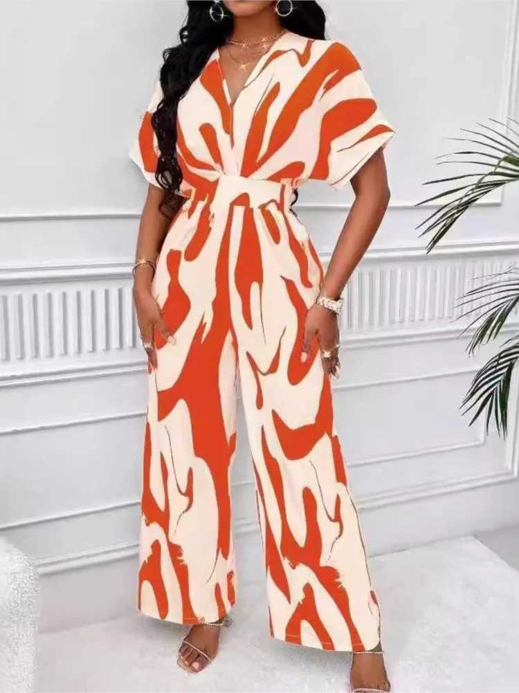 Womens fashionable jumpsuit short sleeved high waisted sexy V-neck printed wide leg pants summer new casual womens dress X2503181
