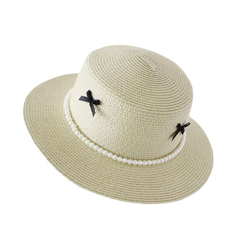 Flat topped straw women's French pearl bow, flat edge hat, beach vacation style, sun protection hat