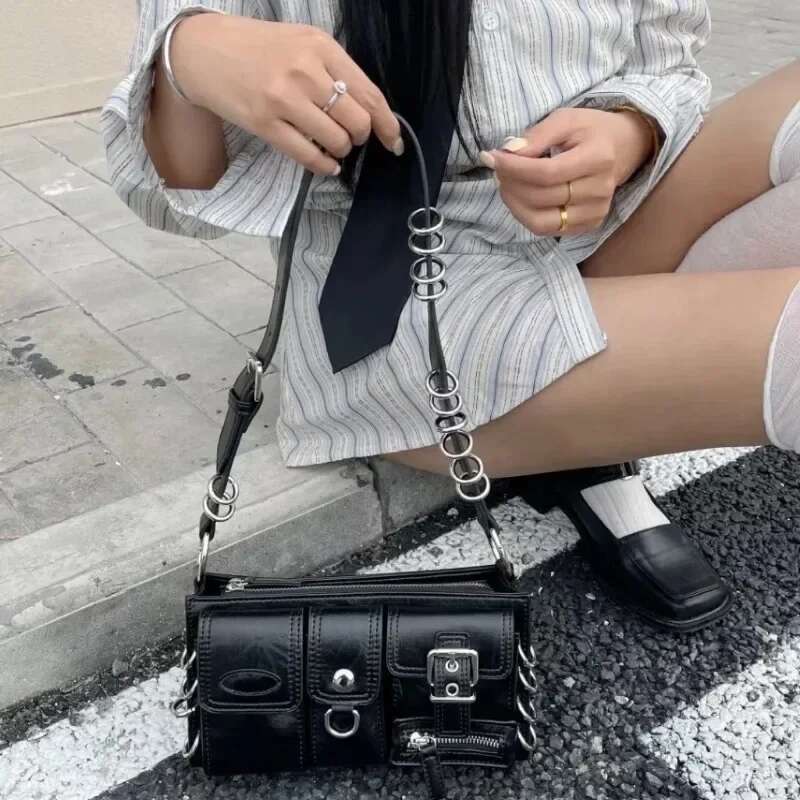 Meet You Y2k Vintage Gothic Black Shoulder For Women Punk Cool Girls Multi-Pocket Pu Leather Underarm Trend Tote Bag