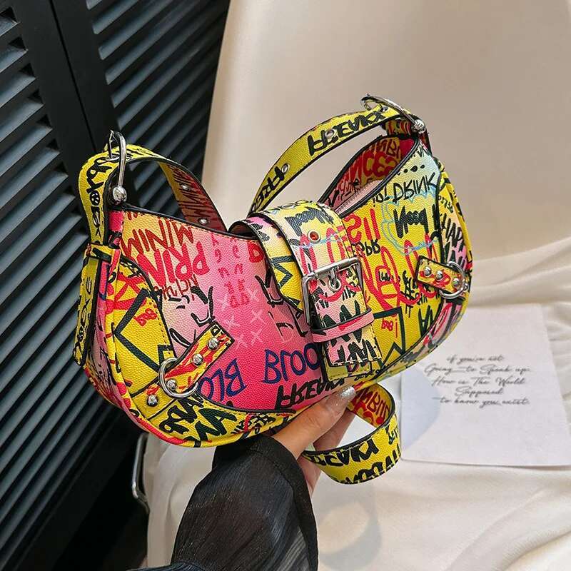 Hip Hop Graffiti Bags For Women 2025 New Leather Underarm Shoulder Bag Ladies Letter Fashion High Quality Hobos Handbag