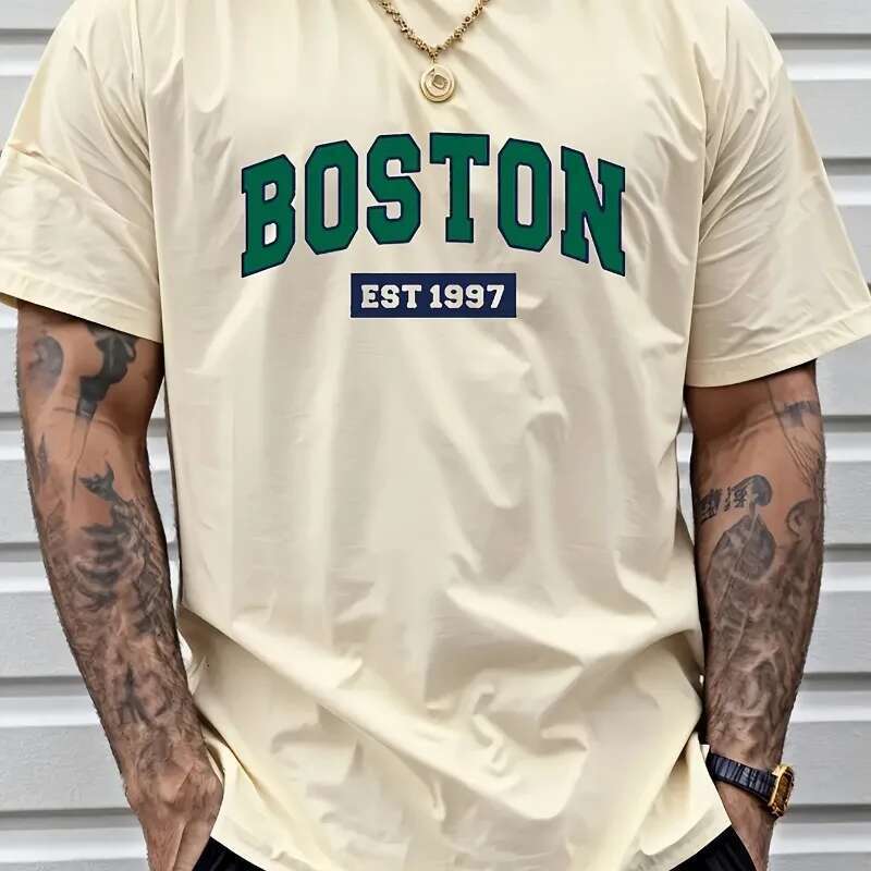 Boston EST1997 Retro Printed Men's New Cotton T-shirt Fashion Casual Ample Summer Cotton Couple Short Sleeves Large Size T-shirt