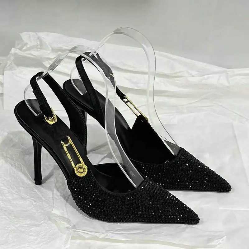 2025 Summer Black Pump New Pointy Diamd High H Wen Beautif Sexy Hollow Bag E-Button Sandals Y250317