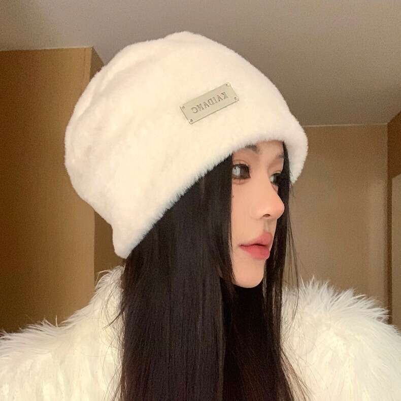 Korean version imitation mink fur pile cap for women, autumn and winter thick warm hood, anti steel standard plush cold hat