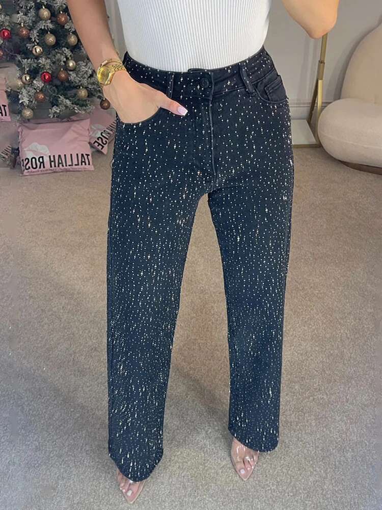 Y2k Women Shiny Rhie Denim Pants Wide Leg Straight Full Dia Jeans For Female Dragging High Street Outwear Trousers