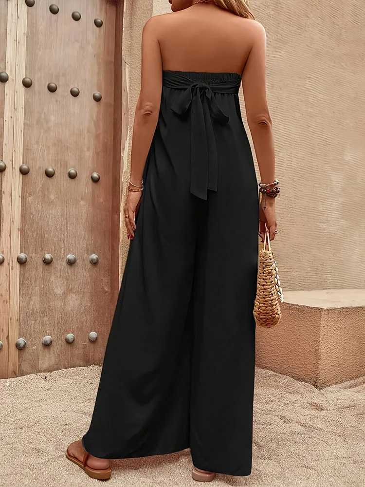 Fashion casual womens solid black bag corset strapless jumpsuit wide leg pants single line womens summer outfit X250318