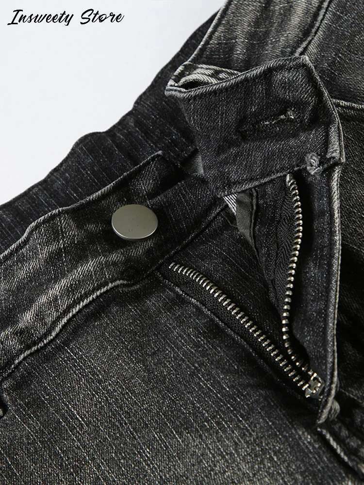 Embroidery Sequined Bell-Bottom Jeans Women's High Waist Straight Leg Long Trousers 2025 Spring New Lady Fashion Streetwear