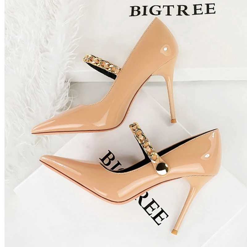 BIGTREE spring metal decorative chain text pump elegant buckle strap thin H party shoes Zapatos unprinted good product Y250317