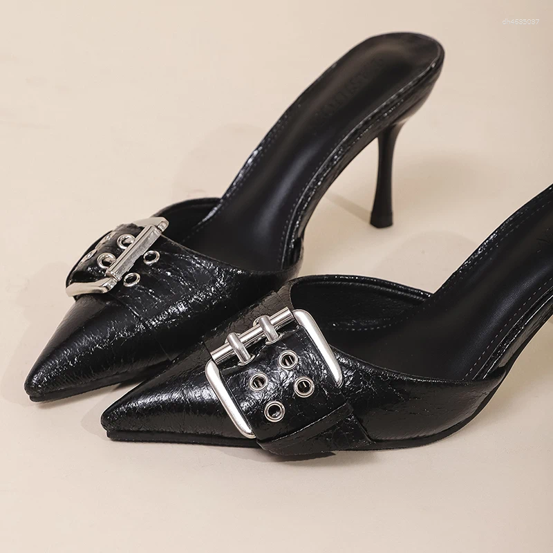 Sandals Summer Fashion Metal Buckle High Heel Slippers Patent Leather Pointed Toe Woman Sexy Stiletto Heeled Banquet Party Shoes zhanyishengli