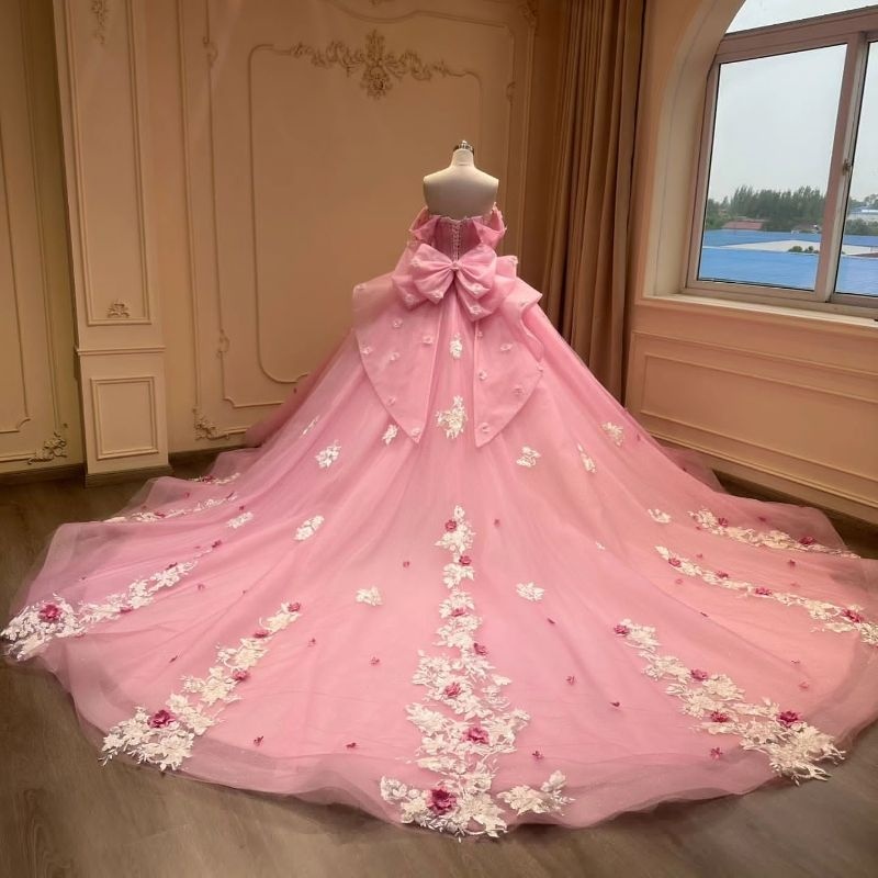 Pink Shiny Princess Off The Shoulder Ball Gown Quinceanera Dresses 3D Flowers Applique Beads Tull Sweet 16 Dress Vestido 15 De Anos