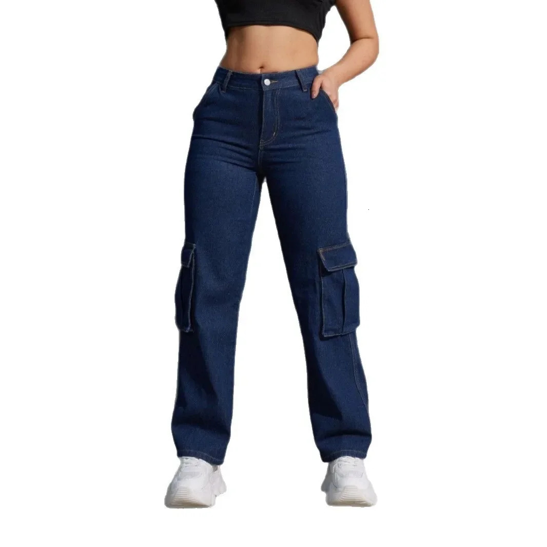 American Style High Waist Casual Womens Workwear Jeans with Pocket Straight Leg Long Trousers Fashionable plus Size 250317