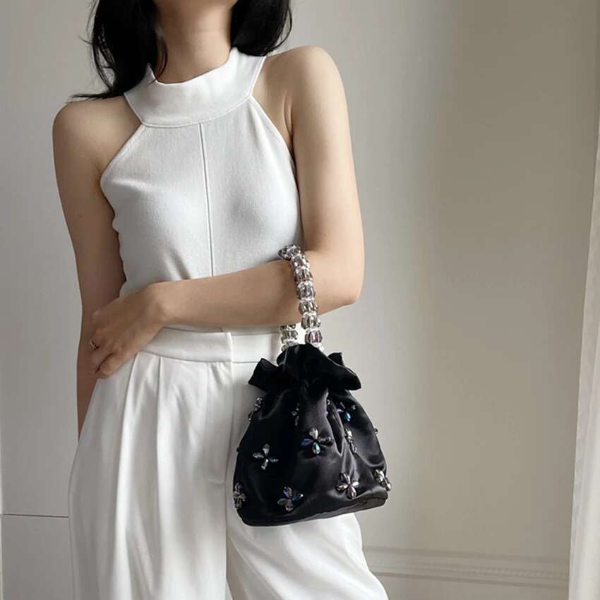 Satin Handmade Hobo Women Handbag Transparent Beads Beading Handheld Bucket Purse Fashion Evening Shoulder Bag