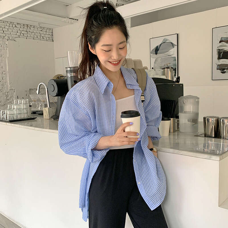 2022 Spring and Autumn Season New Korean Chic Lapel Single breasted Texture Checkered Loose Sun proof Mid length Shirt for Women