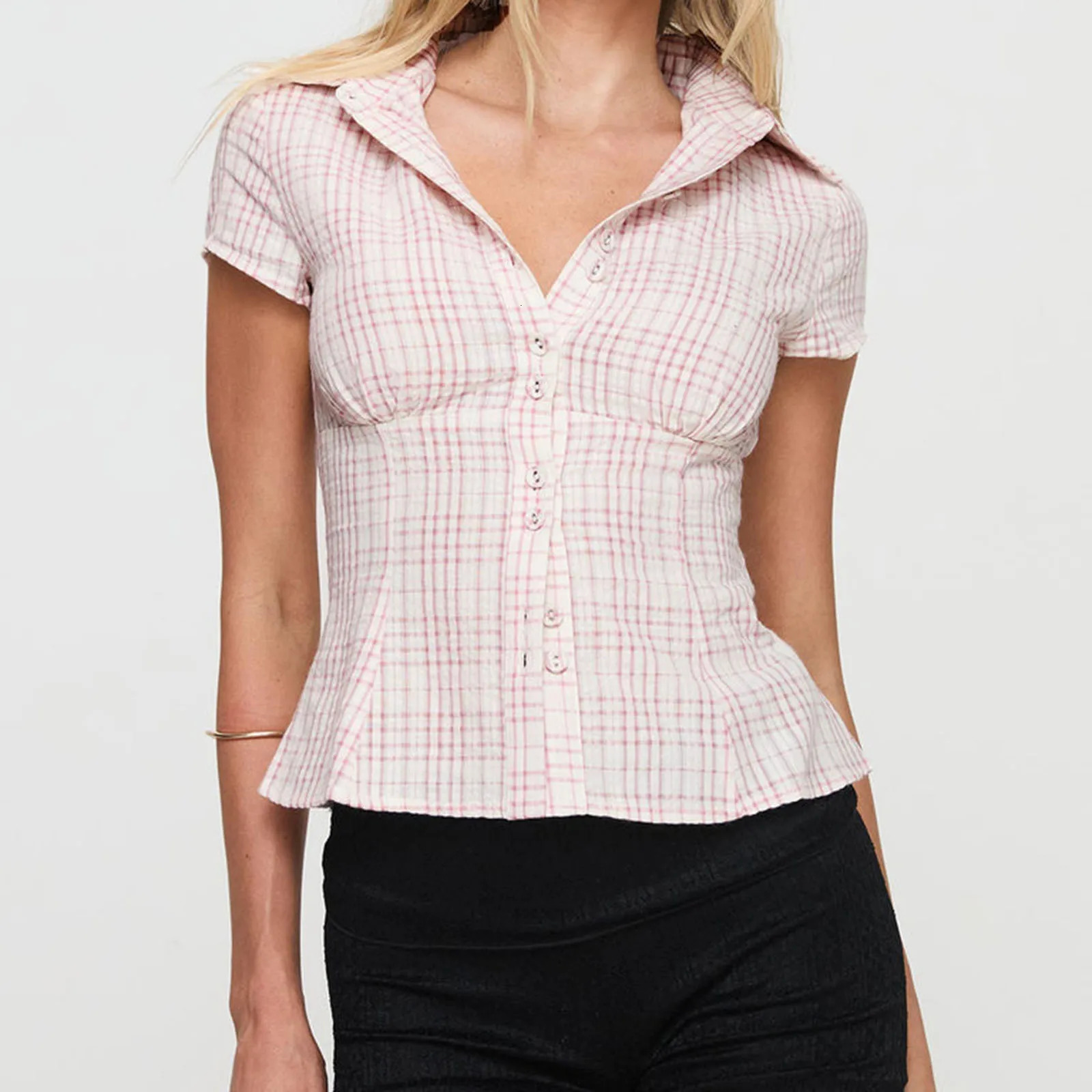 Hirigin womens Y2K short sleeved plain down button loose casual summer shirt top 90s streetwear 250314