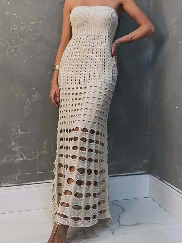 Taruxy strapless knitted womens fashion hollow sexy ultra-thin beach vacation dress sleeveless one-step dress style 250314