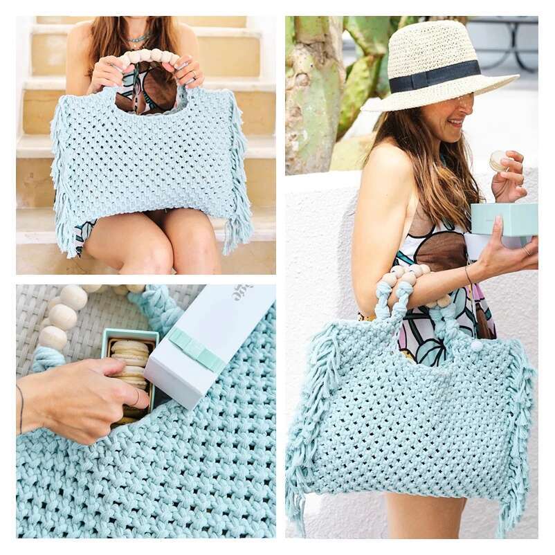 Rame Wholesale Women Crochet Boho Chic Summer Fringe Beach Tote Bag Ivory Purple Green Blue Black