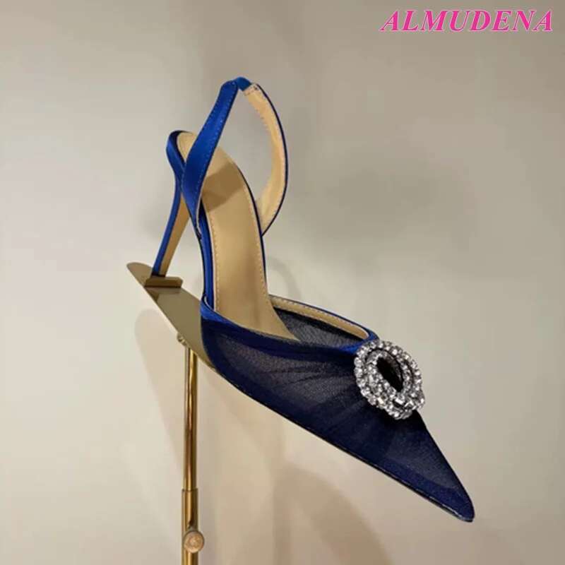 2025 New In Colorful Lace Mesh Crystal Buckled Sandals Women's Pointed Toe Elegant High Heels Sgback Party Shoes