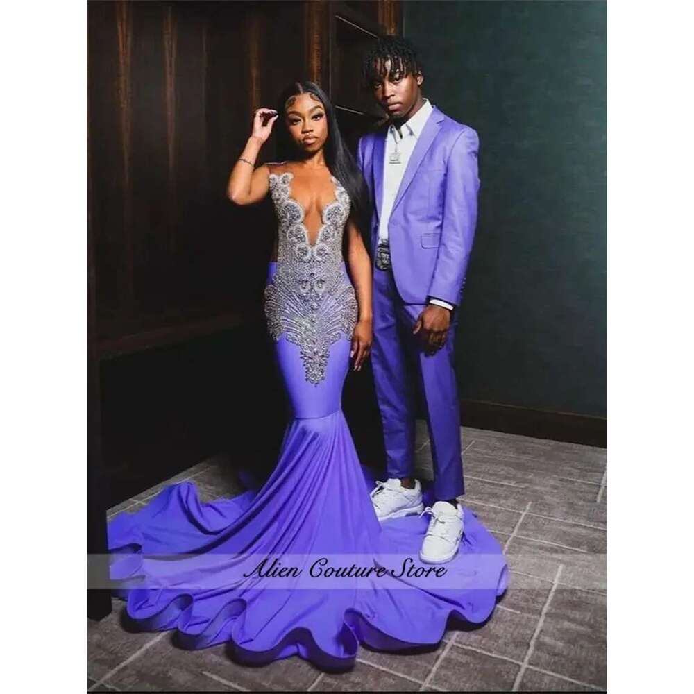 Elegant Purple Prom Dress For Black Girl 2025 Glitter Beads Crystals Gems Robe Birthday Party Evening Gown Customized Dr0318