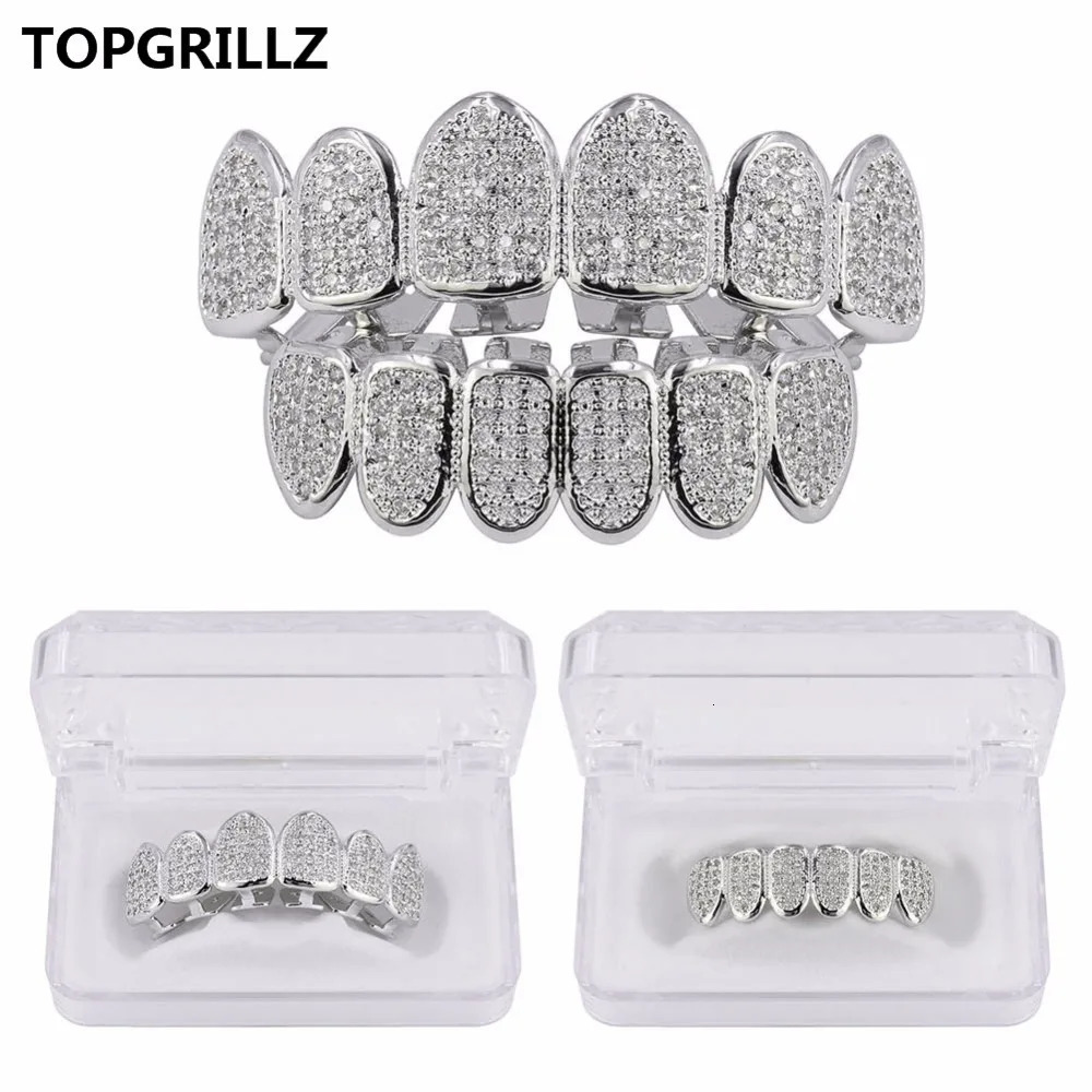 TOP Hip Hop Gold Color Plated Teeth Caps CZ Micro Pave Exclusive Top Bottom Gold Set Ship From US 250318