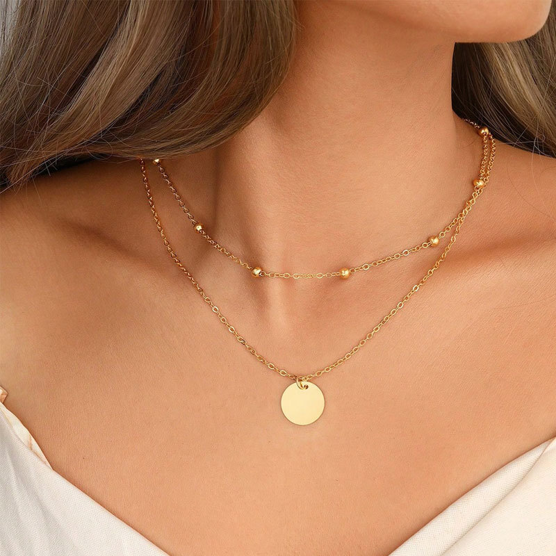 Bead Chain Double Circle Pendant Necklace Women's Multi-layer Choker Collarbone Chain Jewelry