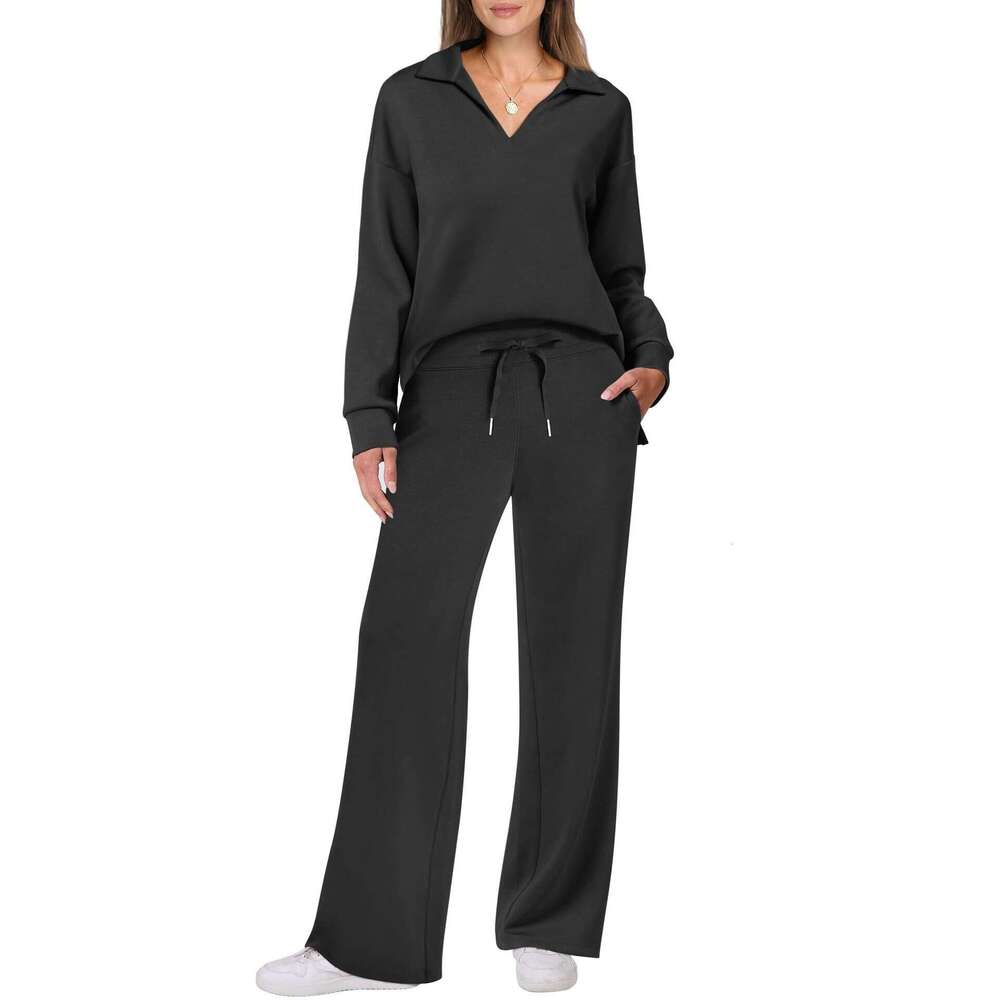 European and American Autumn/Winter Women's Long Sleeve Drawstring Solid Color Commuter Pants Set for Women 2025 New Casual Versatile Fashion Clo
