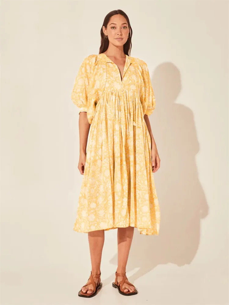 Fashionable retro floral print dress for womens casual loose lantern short sleeved midi dress for summer womens casual vacation vest 250314