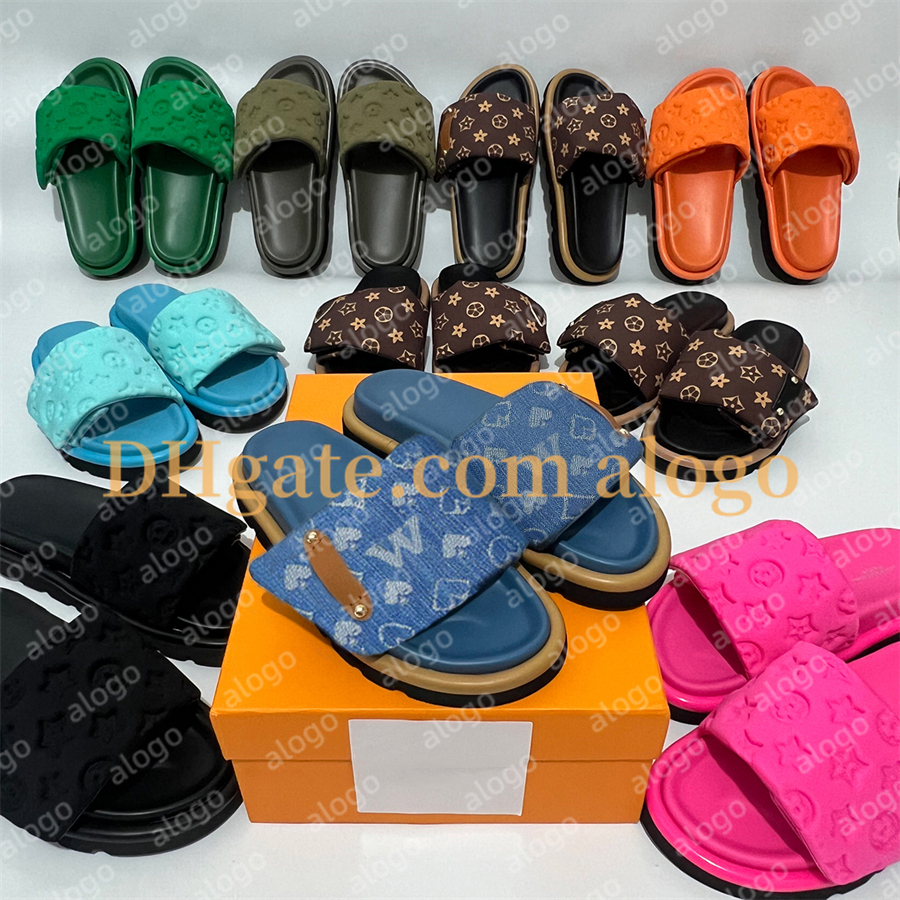 Designer Sliders Women Men Pool Pillow slippers Flat Comfort Mules Slides Fashion Classic Prints Embossed Summer Sandals Black Grey Beach Shoes slippers 789