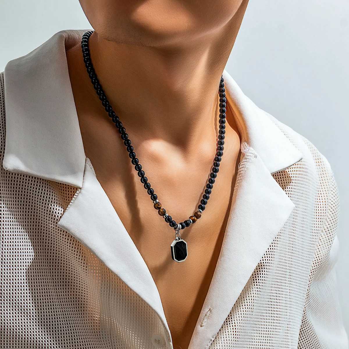Salicon Simple Black Tiger Stone Beaded Clavicle Necklace Punk Geometry Stainless Steel Pendant Necklace Mens Casual Jewelry W250318