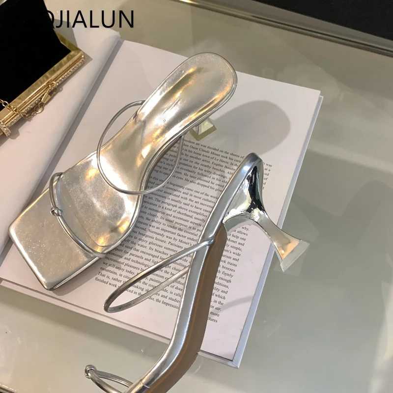 SUOJIALUN 2023 Summer Wen Slipper F Narrow Band Ladies Elegant Dress Sandal Shoes Thin Med Heel Square Toe Slides Shoes Y250317