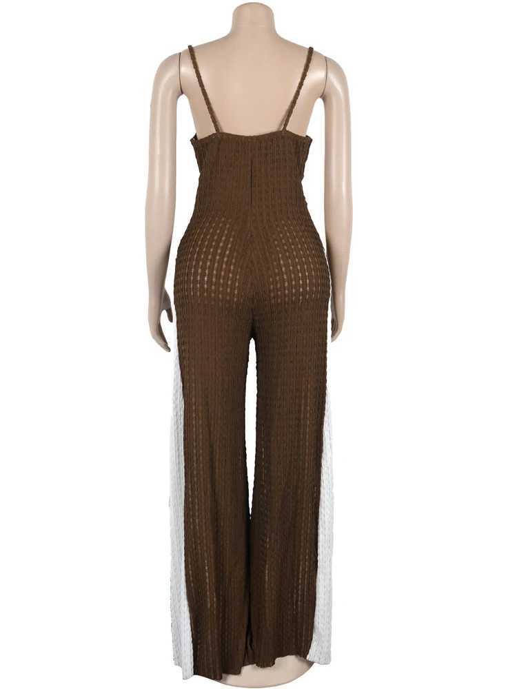 Beyprern womens patch work spaghetti shoulder strap knit wide leg jumpsuit one-piece set nightclub womens exercise set X250318