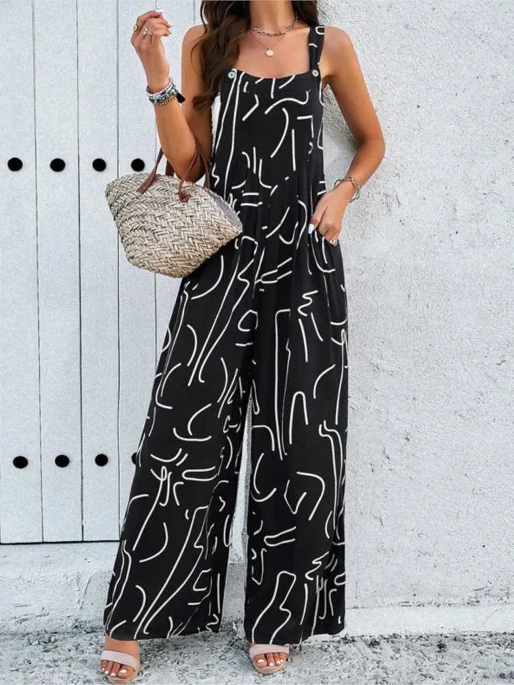 Womens clothing spring and summer new fashion button sexy strapless sling printed casual waistband pocket jumpsuit X250318