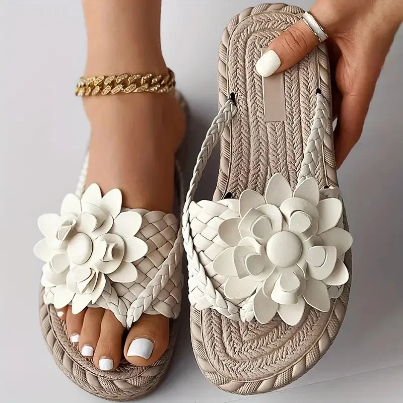 Women Slippers Fashion Casual Slippers Vacation Holiday Braided Floral Pattern Sandals Toe Post Beach Flip Flops Slides Women 250318