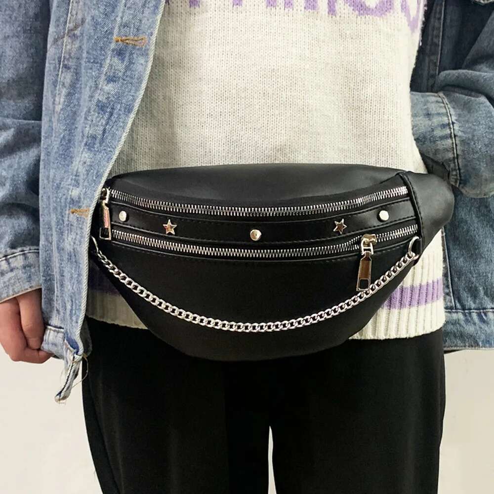 body for Cross women 2025 new PU waist punk chain rivet chest bag, fashionable and trendy women's bag , 's