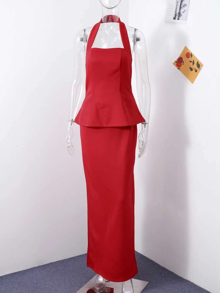Elegant Halter Vest Skirts Sets Women Sleeveless Backless Ruffle Top Hip Package Split Skirt INS 2025 Spring Summer Party Suits