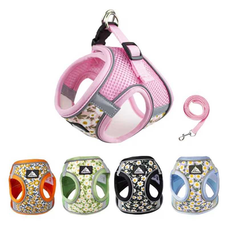 Floral Pet Harness and Leash Set for Cats Small Dogs Reflective Harness Anti Escape Mesh Cat Chest Strap Pet Walking SuppliesT250318