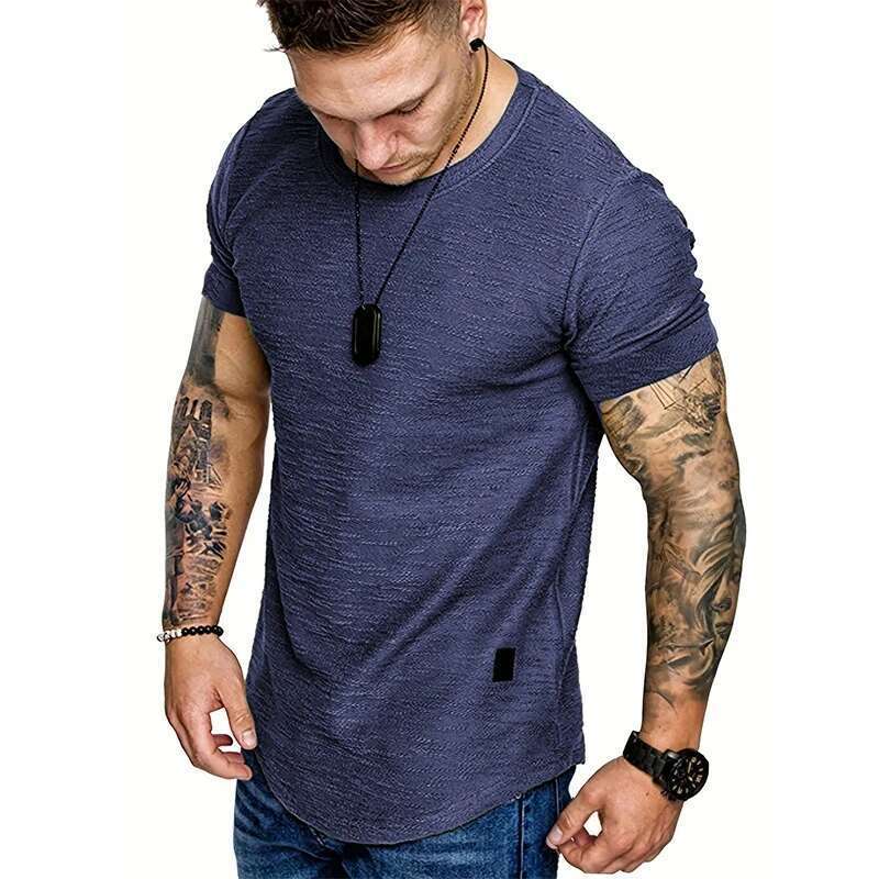Men's lightweight short sleeved summer T-shirt, basic jogging, solid collar, round neck, sports top