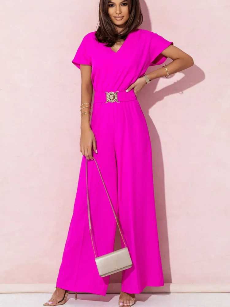 Fashion Women Solid V Neck Short Slve Jumpsuits Summer Casual High Waist Loose Jumpsuit Wide Leg Long Pants Romper With Belts X250318