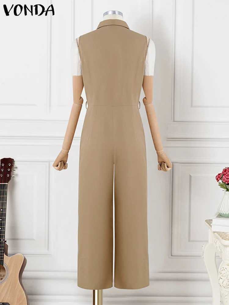 VONDA Women Solid Color Jumpsuits 2024 Slveless Playsuits Elegant Rompers Casual Lapel Collar Wide Leg Bottoms Oversized X250318