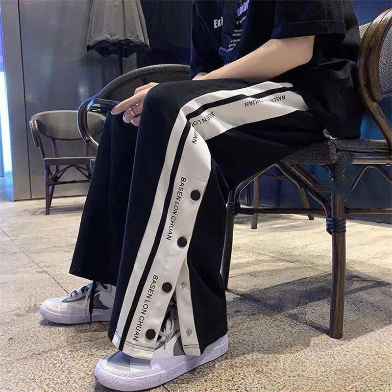 Y2k Style Wide Leg Straight Trousers High Street Casual Loose Side Button Sweatpants Vintage Women's Pants Streetwear
