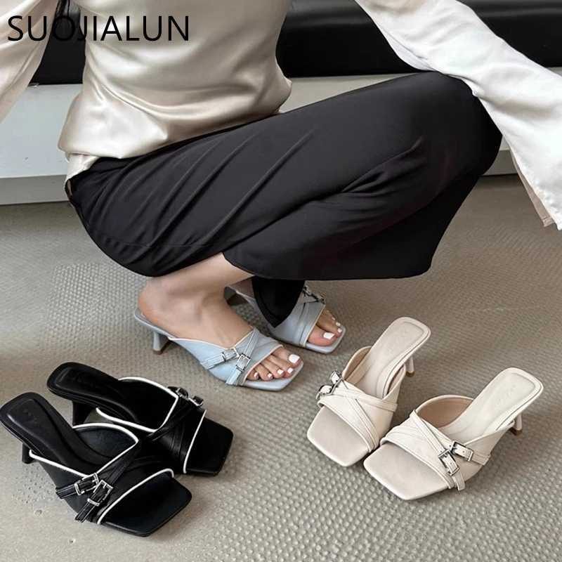 SUOJIALU 2025 brand new bra slider Fi square toe slider womens elegant slider square high heels outdoor dress sandals Y250317