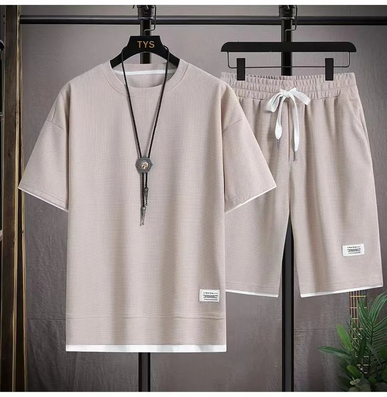 Waffle Mens Summer Short Sleeve And Shorts Two Piece Sets Sports Casual Tracksuit Men Comfortable Cool Shorts Oversized Set 250318