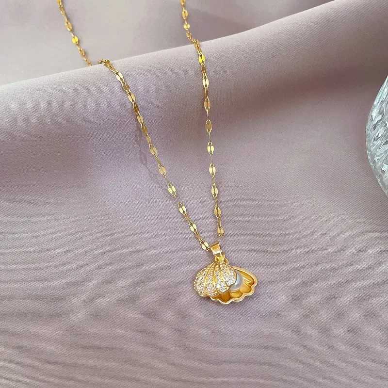 Korean Fashion Shell Pearl Necklace for Women Stainless Steel Creative Copper Micro -inlaid Marine Banquet Wedding Jewelry Gift W250318