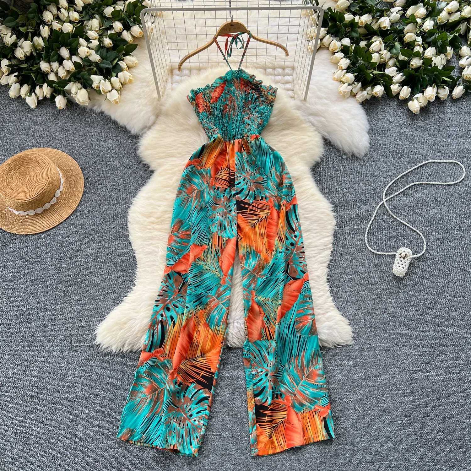 2024 New Summer Sexy Bohemian Leaf Printed jumpsuit Womens sleeveless sexy long jumpsuit sleeveless casual holiday beach jumpsuit X250318