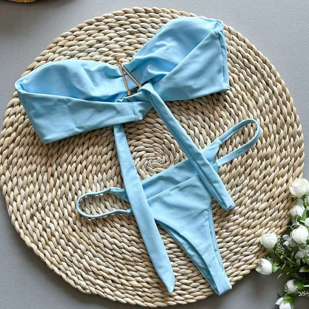 Sexy women's bikini solid color strapless split swimsuit