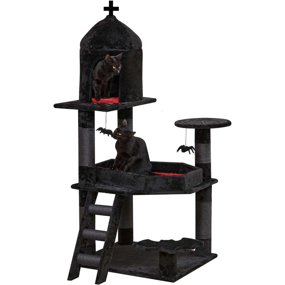 Gothic Cat Tree With Coffin Bed Cat Tower With Spacious Cat Condo Scratching Posts Spider Hanging Ball Multi Level