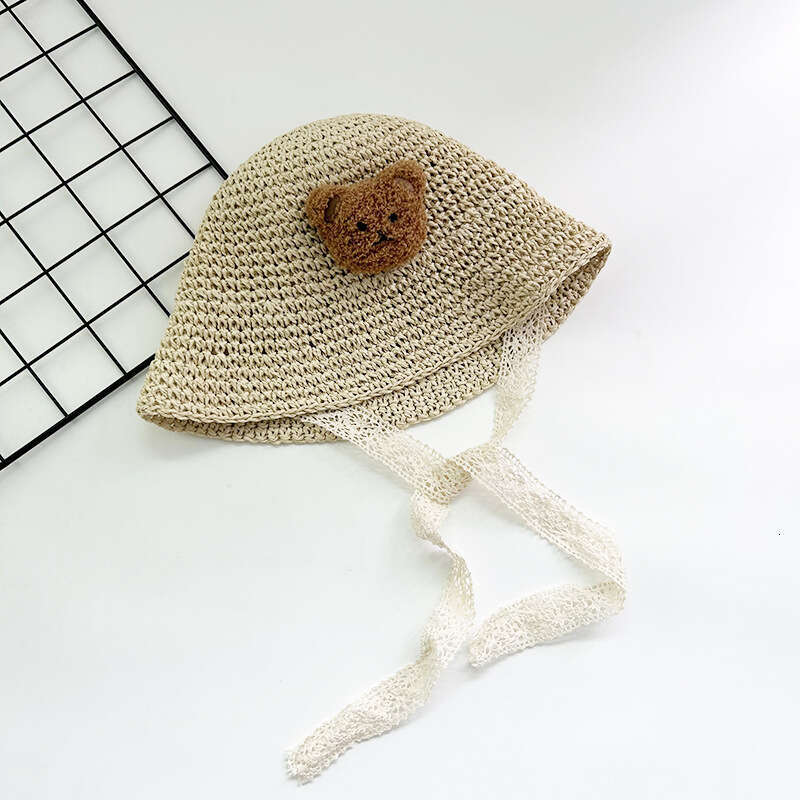 Instagram Cartoon Little Bear Children's Straw Summer Outdoor Sunscreen Sun Princess Baby Travel Strap Sunshade Hat