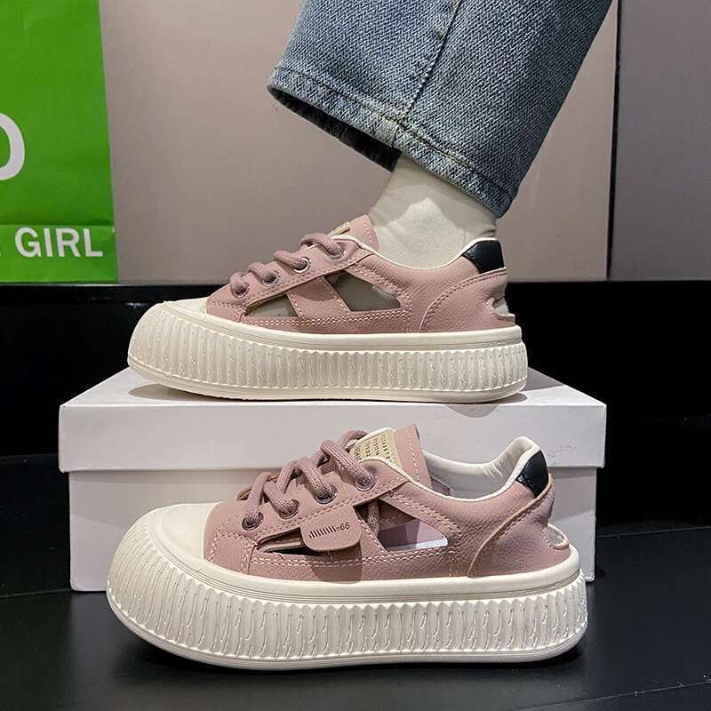 New Trend Summer Women's Baotou Hollow Out Breathable Soft Comfortable Board Flat Thick bottom Outdoor Casual Shoes