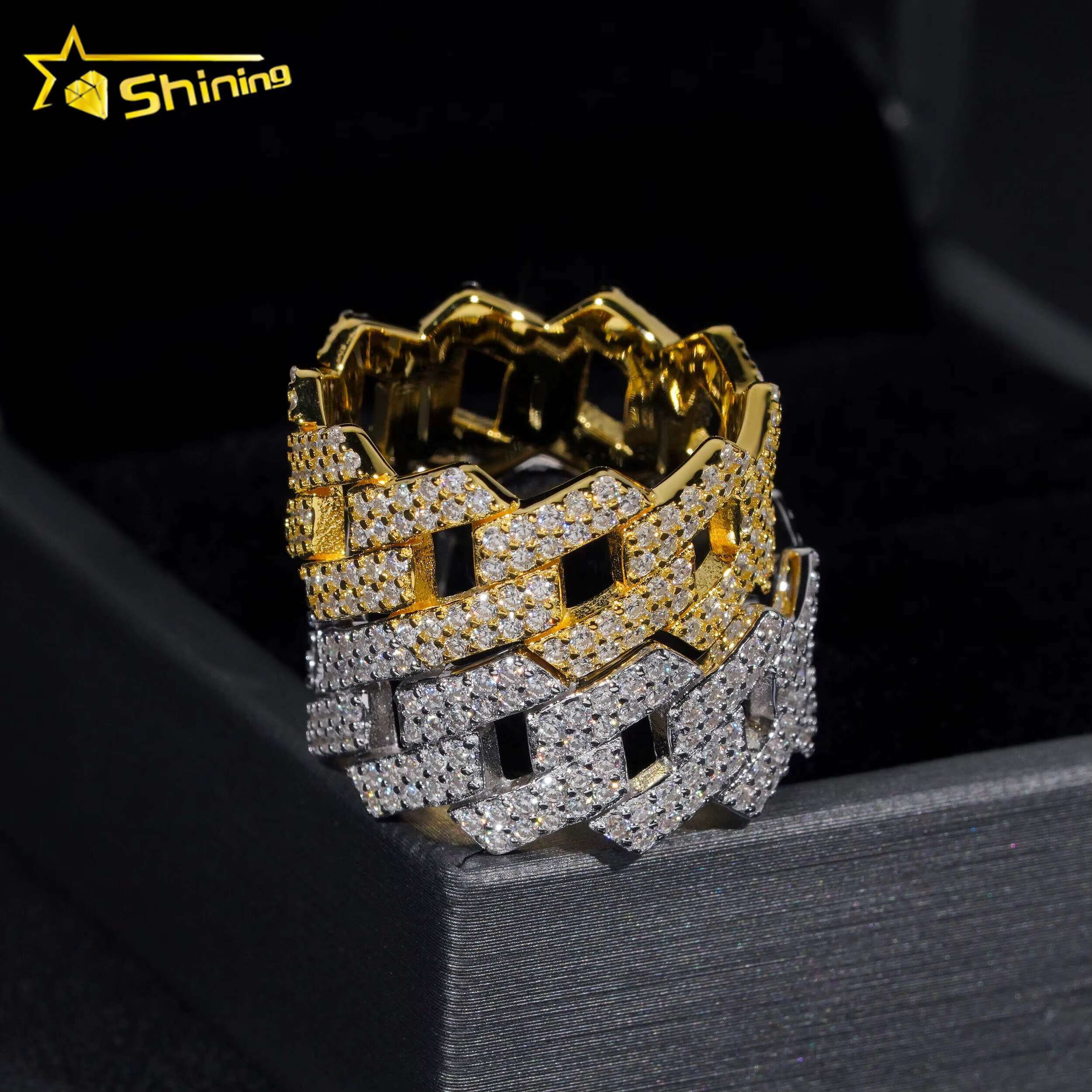 Hot Sale Fashion Two Row Cuban Rings Iced Out High Quality VVS Dia Hip Hop Men Moissanite Ring