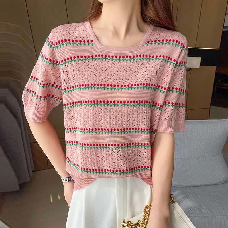 Short Sleeved 2025 Summer New Round Neck Pullover Vest Women's Thin Top Casual Loose Knitted Striped T-Shirt