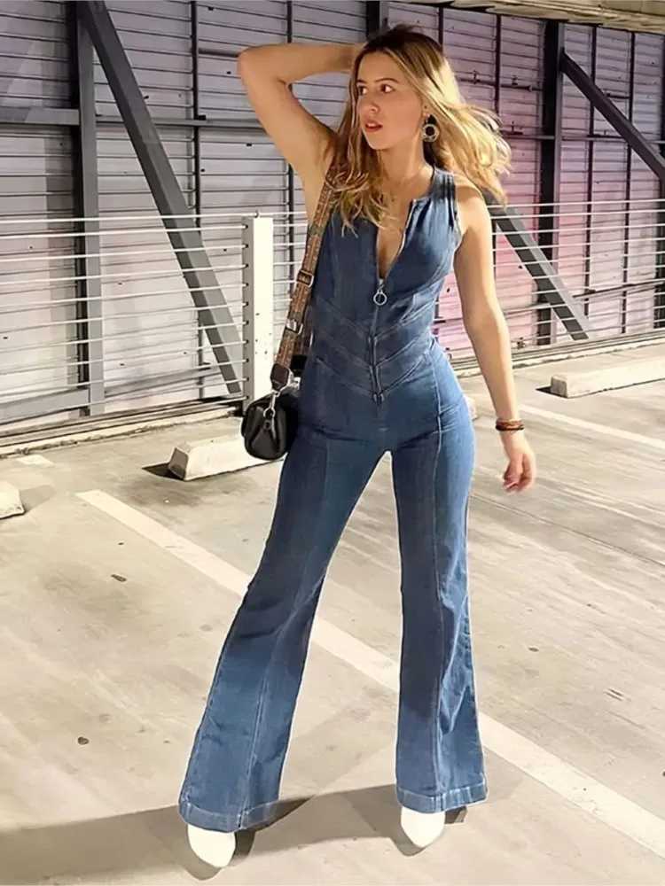 Fashion retro style strapless denim jumpsuit womens solid color sexy backpack free Hip ultra-thin jumpsuit womens Strtwear 2024 X250318